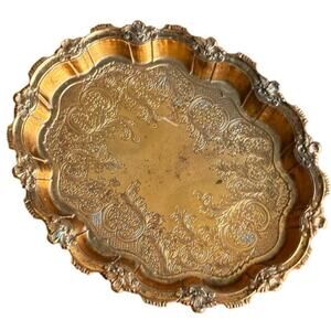VTG Ornate Crown Gold Holiday Imports Serving Tray Scalloped Edge Etched Design